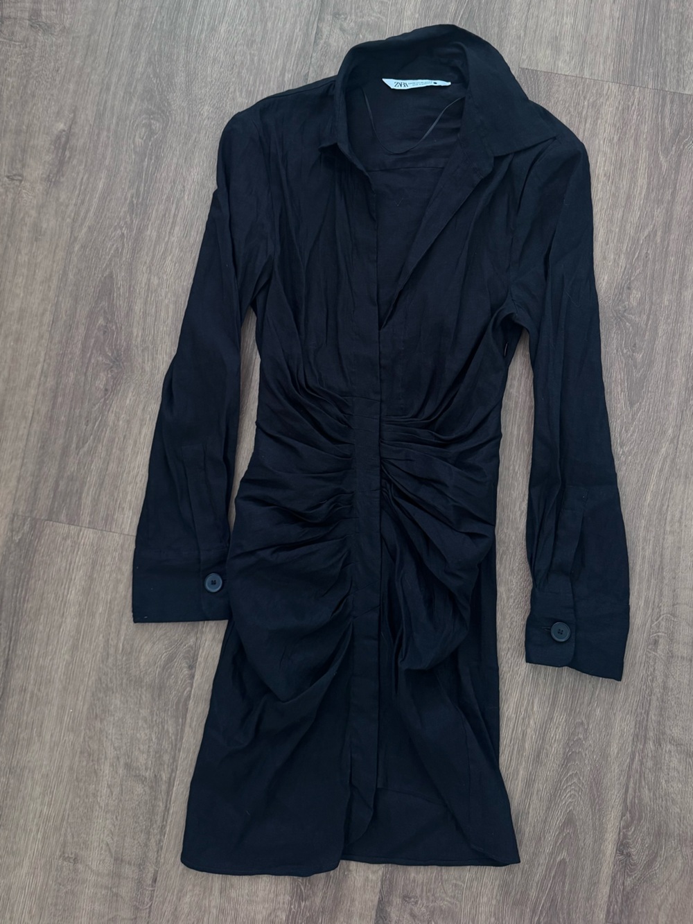 Zara Black Ruched Shirt Dress